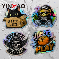 Lot d'autocollants holographiques personnalisés découpés sur mesure, motifs arc-en-ciel, chat, crâne, basketball, en vinyle imperméable et écologique, pour téléphone