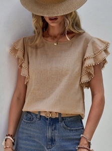 Camicia <span class=keywords><strong>a</strong></span> <span class=keywords><strong>maniche</strong></span> corte estiva Casual da donna <span class=keywords><strong>a</strong></span> girocollo europeo e americano 2025 camicia <span class=keywords><strong>a</strong></span> <span class=keywords><strong>pipistrello</strong></span> <span class=keywords><strong>con</strong></span> foglie di loto - Product Image 5
