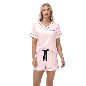 Pyjama d'été en satin rayé pour femme, ensemble de vêtements de maison fin et uni à enfiler - Product Image 3