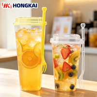 Op maat bedrukte 24 oz 32 oz wegwerp vierkante pp hard plastic bekers met deksel en vork voor matcha, limonade, fruitsap en dranken