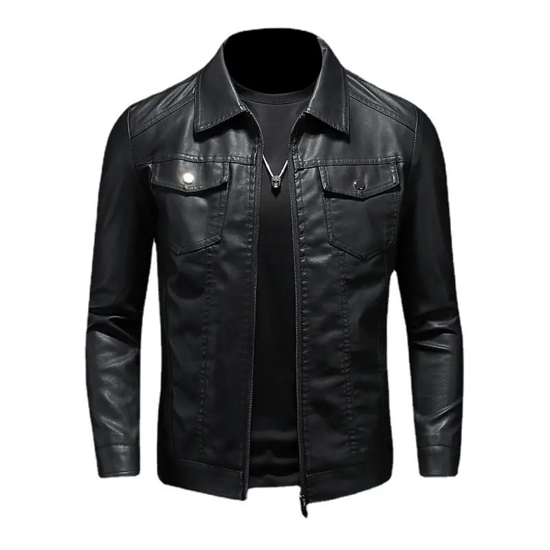 Men's motorcycle leather jacket large size pocket black zipper lapel slim fit Male spring and autumn high quality PU Coat M-5XL
