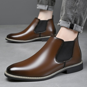 Bottes Chelsea pour hommes en cuir véritable, à bout rond, avec bande élastique, respirantes, tendance, décontractées - Product Image 1