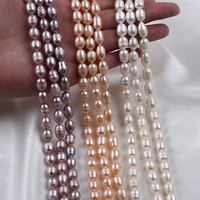 Chaîne de perles de riz AAA de 7-8 mm, perles d'eau douce authentiques, naturelles, blanches, roses, violettes, perles d'eau douce