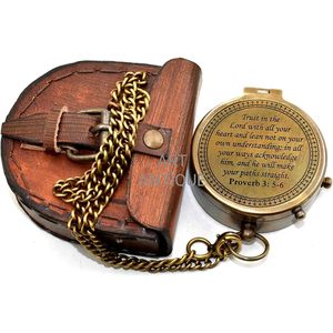 ALFA NAUTICAL Nautical Brass 2 Inch Portable Pocket <b>Compass</b> <b>Engraved</b> Proverbs 3:5-6 Leather Case Christian Inspirational Bible - Product Image 5