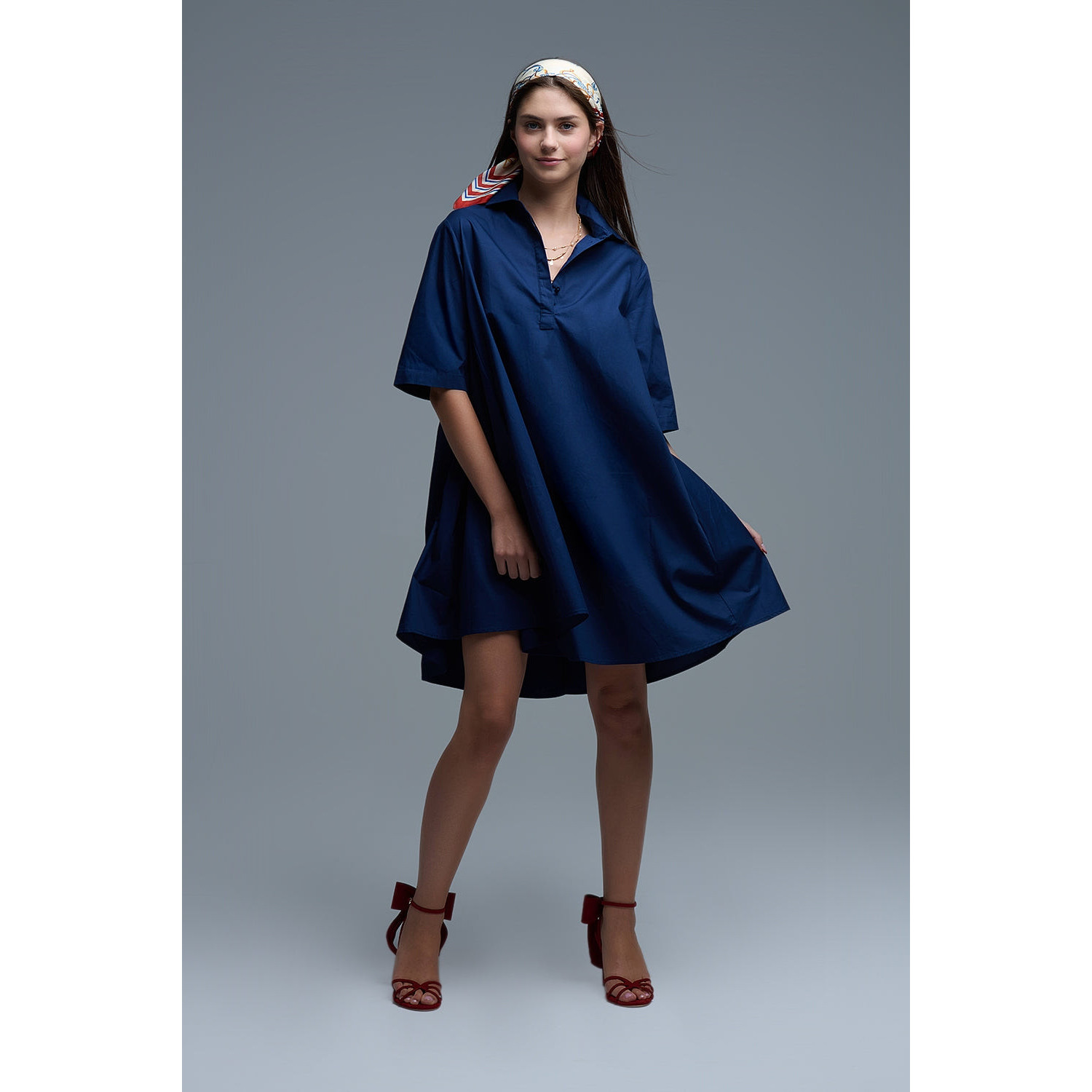 knee length dresses for ladies The Long Sleeve Drop Waist Shirt Dress Navy / Xs main image 1