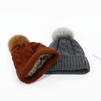 Gorro de lana gruesa de alta elasticidad para mujer, gorro cálido de invierno con pompón, gorro de punto con forro polar grueso y pompón