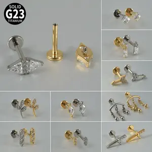 10 Styles G23 Pure Titanium Zircon Flat Back Earring Square Gold Plated Ear Studs Lobe Tragus Cartilage Labret Piercing Jewelry