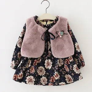 Fall Winter New Baby Girls Clothes Long-sleeved Floral Plush Velvet Dress+Fur Vest 2Pcs Suit Girls Clothes Sets L0514