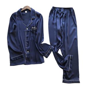 Personale Su Misura marchio del ricamo di nuovo del progettista di colore solido pulsante man giù pj <span class=keywords><strong>set</strong></span> manica lunga in raso di seta Degli Indumenti Da Notte pigiama <span class=keywords><strong>set</strong></span> - Product Image 1