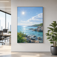 Tableau mural moderne sur toile Paysage marin ensoleillé Océan Plage Roches Impression HD encadrée et tendue pour Salon Hôtel Décoration estivale