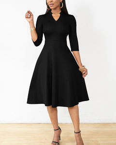 Autumn Elegant <strong>Women's</strong> 3/4 Sleeve V Neck a Line Midi <strong>Dress</strong> Slim Fit Knee Length Solid Color Casual Work Party <strong>Dresses</strong> for Ladies - Product Image 3