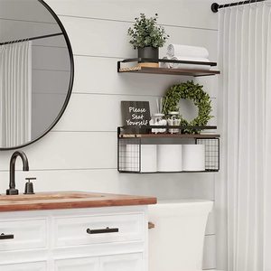 Étagère murale Xinya en bois et métal, 2 niveaux, pour salle de bain, cuisine, salon, décoration et rangement - Product Image 3