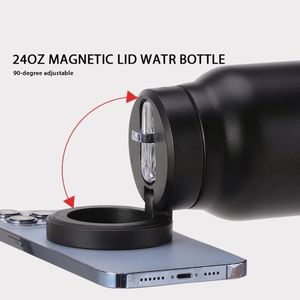 Custom 24oz Portable Vacuum Flask Sports Travel Magnet Thermos Magnetic Lid Water <b>Bottle</b> with Magnetic Phone Holder Straw Lid - Product Image 5