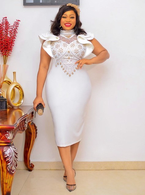 white christmas dresses White Dress with Kente Ruffle 5 / Short Sleeve / Original Kente main image 0