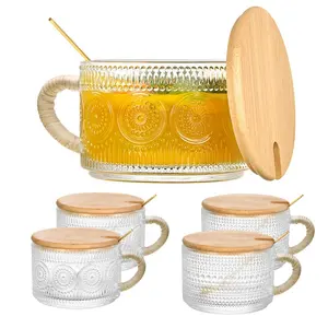 400ML 14Oz Tazas de café de vidrio vintage en relieve desayuno leche taza de avena durante la noche con asa y tapa y cuchara