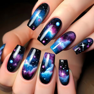 Uñas Postizas al por Mayor, 24 Piezas, Diseño de Estrella de Fantasía, Cuadradas, Cortas, Lindas, Tipo Bailarina, Ataúd, Semi Hechas a Mano, Uñas Artificiales - Product Image 1