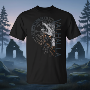 Valhalla Wolf Viking T-Shirt Nordic Runes Compass Design Chemise noire pour hommes - Product Image 3