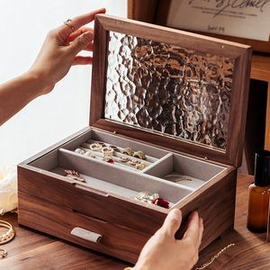 Boîte à bijoux en bois massif avec couvercle en verre, grande capacité, tiroir double couche, boîte à bijoux exquise haut de gamme - Product Image 2