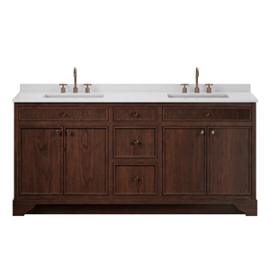 Mueble de Baño de Madera Maciza Estilo Antiguo para Hotel, 60 Pulgadas, de Pie, Acabado Oscuro, Lavabo de Porcelana con Cajones, Forma Rectangular - Product Image 1