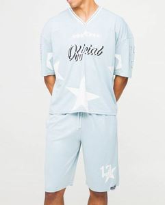 Conjunto de camiseta y pantalón corto de malla oficial Star Varsity gris oversize y chándal azul liso, ropa al por mayor, conjuntos de verano - Product Image 1