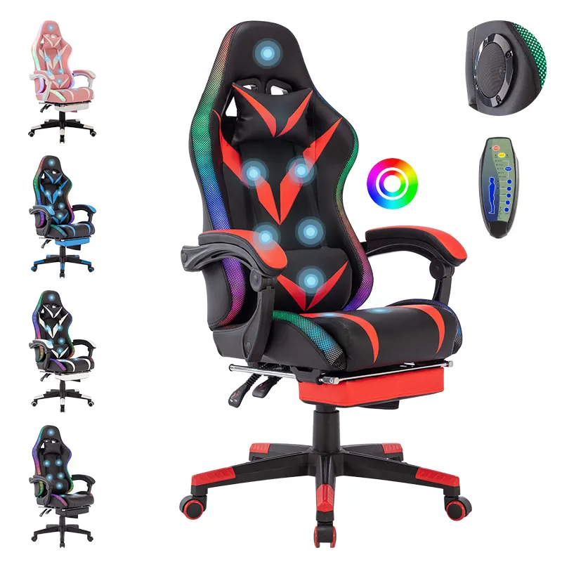 Computer Pc LED Pink Silla Full Massage RGB Racing Gamer Chair Bluetooth Speakers Chair With Footrest