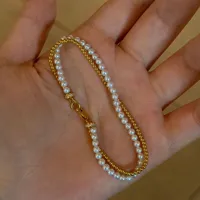 Bracelet double rang de perles, chaîne gourmette, perles de 4 mm, argent 925, blanc irisé, hypoallergénique, fait main, avec fermoir mousqueton, idéal pour femme, vente en gros