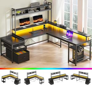 Lớn L hình chơi game bàn với hutch và ngăn kéo, bàn với kệ lưu trữ, màn hình đứng và dẫn ánh sáng cho nhà văn phòng - Product Image 6