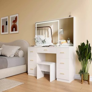 D001 Modern Dressing <b>Table</b> Desk with LED Lighted <b>Mirror</b> and Storage Drawers for Bedroom - Product Image 4