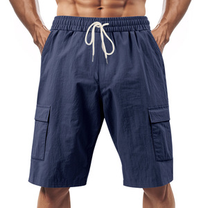 Men's Navy Blue Cargo Shorts Drawstring Elastic Waist Quick Dry Bermuda Length Casual Pocket Design - Product Image 2