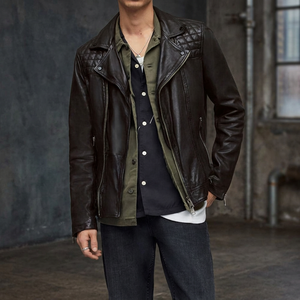 Veste moto en cuir véritable pour homme avec fermeture éclair, col rabattable, couleur unie, coupe classique, imperméable et coupe-vent pour l'hiver - Product Image 3