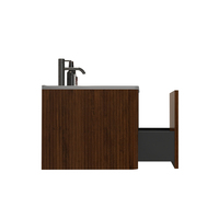 Meuble-lavabo flottant moderne en noyer rayé de 24 pouces avec vasque en céramique blanche, pré-assemblé pour petits espaces de salle de bain ou de salon