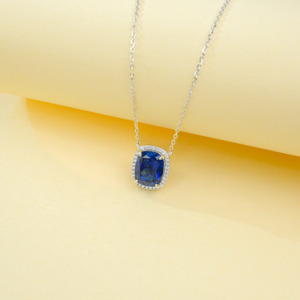 925 Sterling Silver Cushion Cut Lab Created Sapphire Pendant Necklace, Halo with Diamond Accents Fine Jewelry for Women - Product Image 3