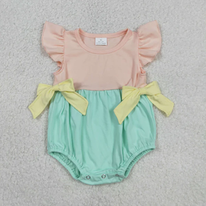 Romper de Verano para Bebés Niñas, Manga Corta, Amarillo con Lazos Verdes, Diseño de Burbujas - Product Image 1