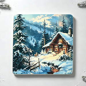 Sous-plat décoratif en céramique motif paysage de <span class=keywords><strong>chalet</strong></span> alpin enneigé de Noël, anti-brûlure, pour cuisine et table - Product Image 1