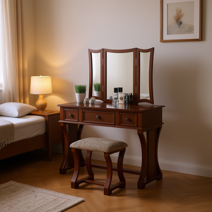 Ensemble de coiffeuse moderne en bois de cerisier avec miroir pliable et tiroirs, meubles de chambre à coucher avec tabouret - Product Image 2