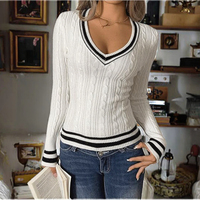 Pulls pour femmes, style vintage, tricot torsadé rayé 3D, printemps, 100% coton, style preppy, col en V, manches longues, coupe ajustée