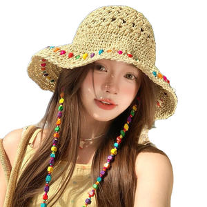Chapeau de paille naturelle coloré à perles pour femme, pliable, à large bord, protection solaire, style pêcheur, à carreaux, respirant, design ajouré - Product Image 5