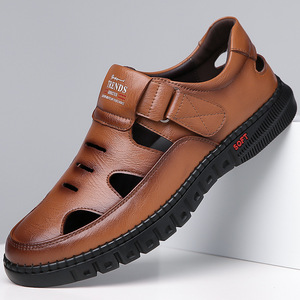 Trends Men Leather Sandals <b>Flat</b> Breathable Hollow-Out Velcro Closure Soft Sole Casual Shoes Brown - Product Image 1