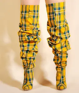 Stivali da palcoscenico con passerella a stiletto sopra il ginocchio con punta a punta sexy scozzese Color block TX
