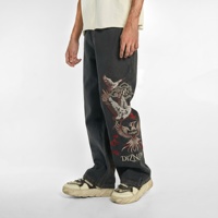 Jean Homme DIZNEW Gris Foncé Délavé Coupe Ample avec Broderie Totem Oriental (Couronne Rouge, Grue, Fleur de Cerisier, Nuage, Vague, Fret) et Étiquette Personnalisée OEM