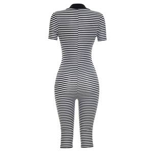 Viviblook D26JP197 Combinaison décontractée d'été pour femme, imprimé rayé, col rabattu, manches courtes, combinaison une pièce - Product Image 3