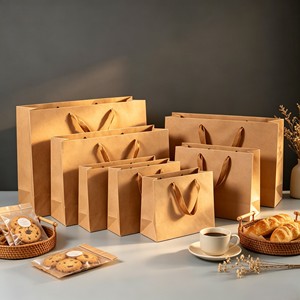 Sacs en papier kraft brun de qualité alimentaire personnalisés avec poignée plate en papier, recyclables, pour boulangerie, à emporter, cadeaux, sacs en papier personnalisés avec logo, vente en gros - Product Image 2