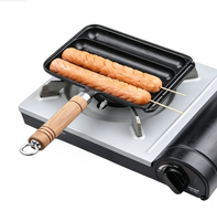 Poêle à saucisses en fonte pré-assaisonnée à 4 fentes avec poignée en bois, grille à hot-dogs non revêtue pour le petit-déjeuner à la maison et les barbecues en extérieur