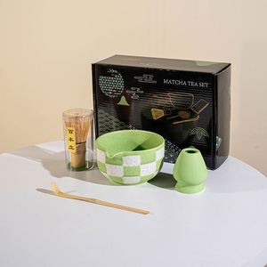 Classic Ceramic Trendy Purple & White Checkered <b>Set</b> With Bamboo Whisk Scoop and Holder-Gift for <b>Matcha</b> Lovers - Product Image 5