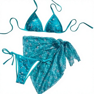 Summer Women's <strong>Blue</strong> <strong>Sequin</strong> Spaghetti Strap Halter Holiday Sexy Beach Three-Piece Spandex/Polyester Bikini <strong>Swimsuit</strong> SSY610 - Product Image 1