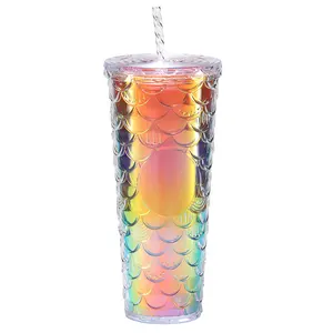 New Arrival large capacity high appearance level gradient Double Wall fish scale Plastic Tumbler cup