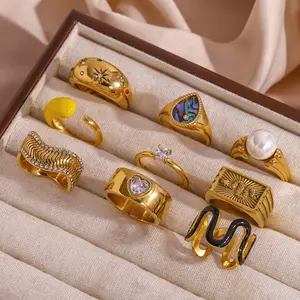 Jachon Đơn Giản Drop Dầu Cube Zircon Thép Không Gỉ 18K Vàng Mạ Nhẫn Đồ Trang Sức Thời Trang Cho Phụ Nữ Bán Sỉ