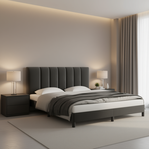 Base de Cama King Size California Moderna en Terciopelo Gris Oscuro con Cabecera Tapizada, Muebles de Dormitorio Contemporáneos - Product Image 2