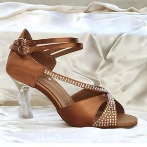 Brown Rhinestons Salsa Latin Dance Shoes Mid Heel <strong>Samba</strong> Tango Jazz Wedding Dancing Sandals Shoes for Women - Product Image 2