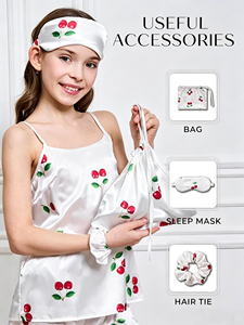 Pijamas <span class=keywords><strong>de</strong></span> Seda Satinada 7 en 1 Personalizadas al por Mayor, con Estampado <span class=keywords><strong>de</strong></span> Cerezas, Antifaz, Pantalones, Shorts, Ropa <span class=keywords><strong>de</strong></span> Dormir y <span class=keywords><strong>de</strong></span> Estar por Casa <span class=keywords><strong>de</strong></span> Marca Privada, Fabricante - Product Image 4